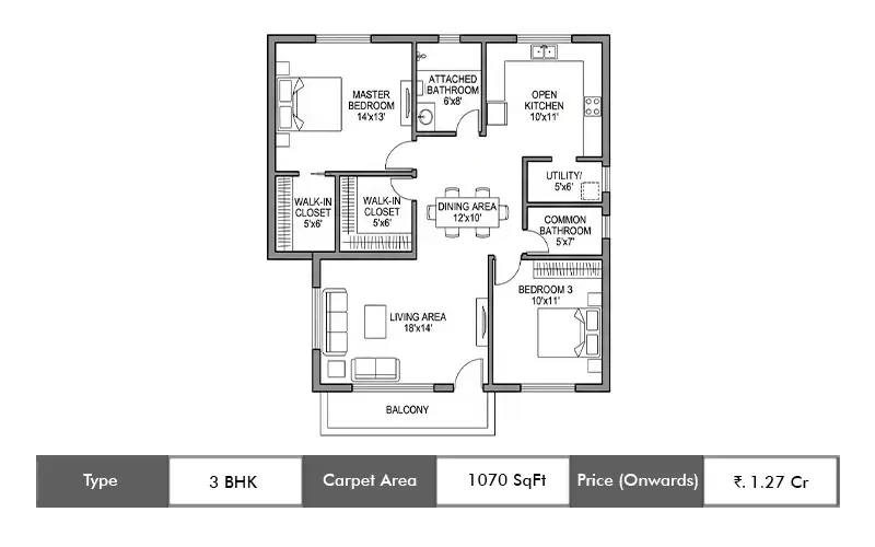 3 BHK 1070 sq.ft. floor plan (request to view)