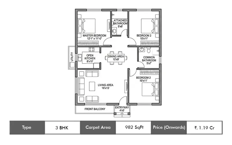 3 BHK 982 sq.ft. floor plan (request to view)
