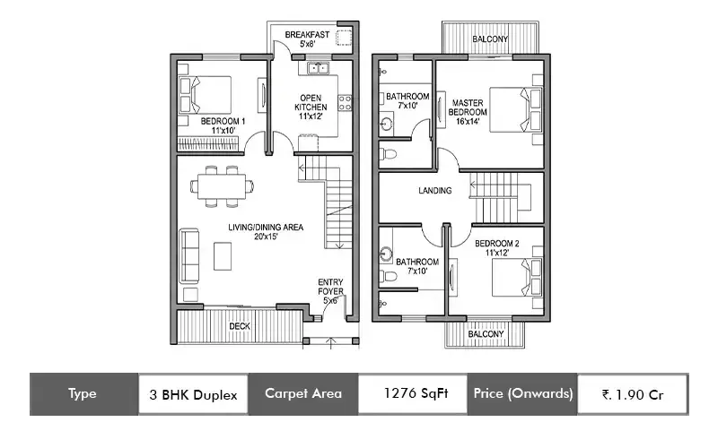 3 BHK duplex 1276 sq.ft. floor plan (request to view)
