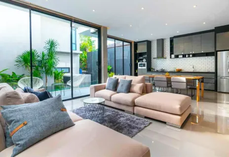 Living room and open kitchen interior