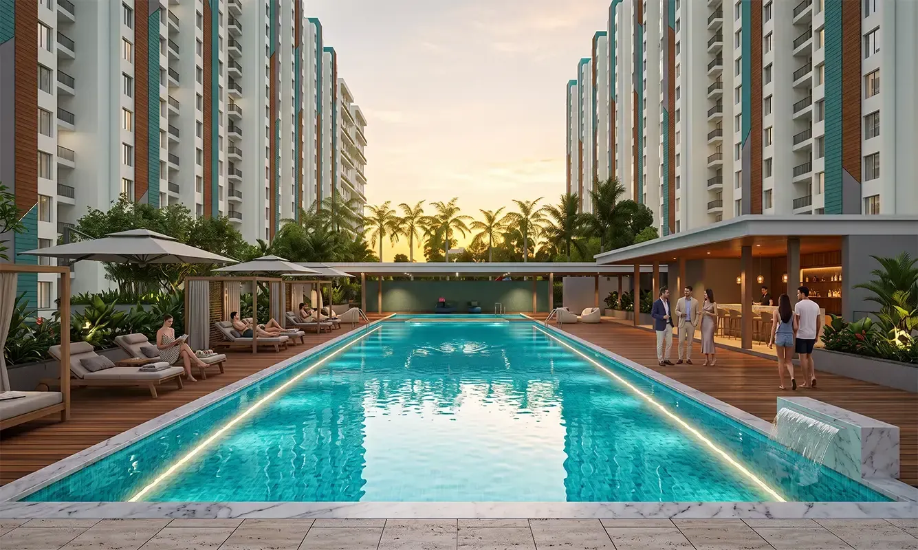 Swimming pool and deck between the towers of Kohinoor Boulevard Towers